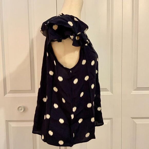 A New Day Navy Blue Circle Print Flutter Short Sleeve Rayon V Neck Top Small New - Picture 4 of 9